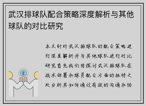 武汉排球队配合策略深度解析与其他球队的对比研究