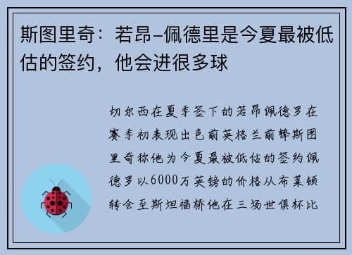 斯图里奇：若昂-佩德里是今夏最被低估的签约，他会进很多球